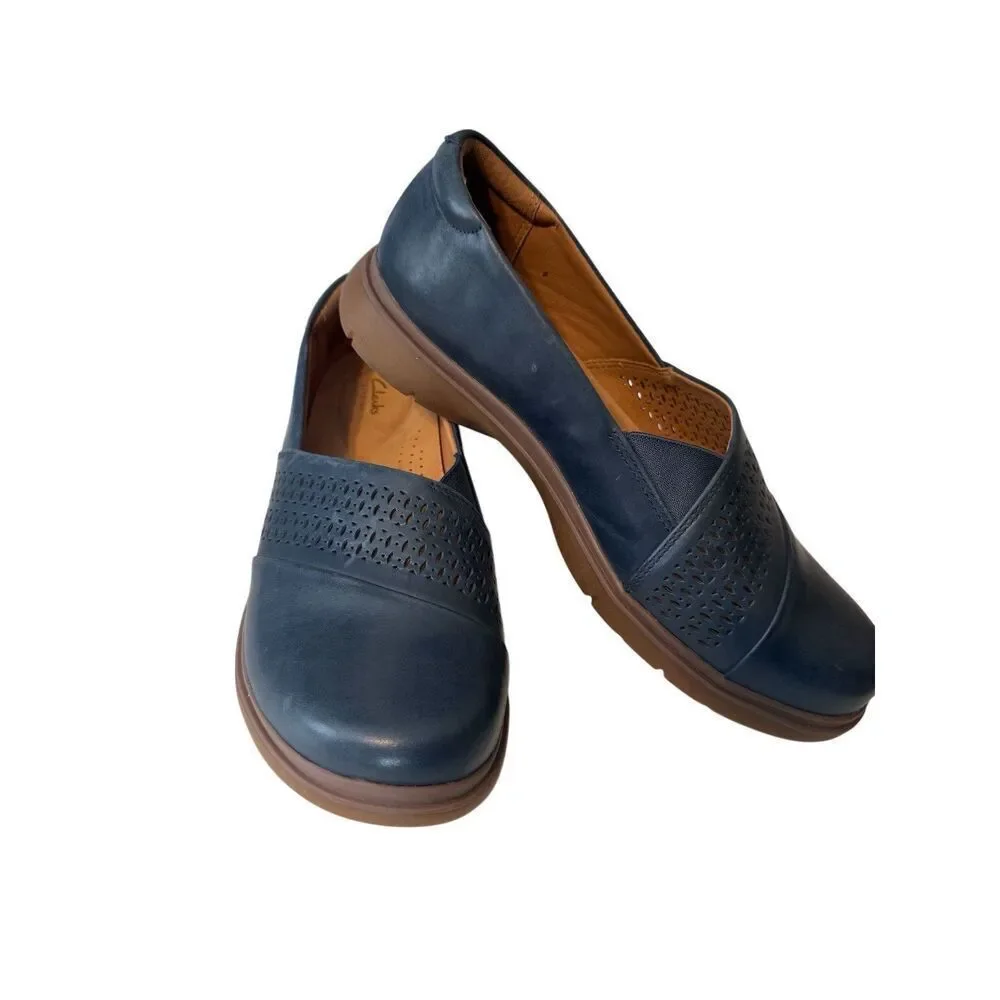 Clarks Certina Edge Women's Slip On Comfort Shoes Blue Leather High Demand Sz 9